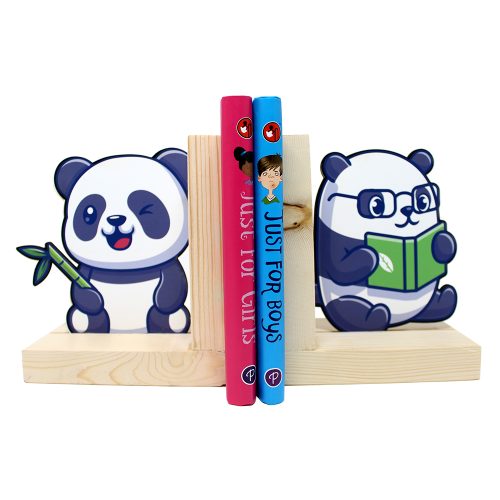 Wooden Bookend – Adjustable Book Stopper for Kids and Adults – Decorative and Functional Book Holder - Panda Design
