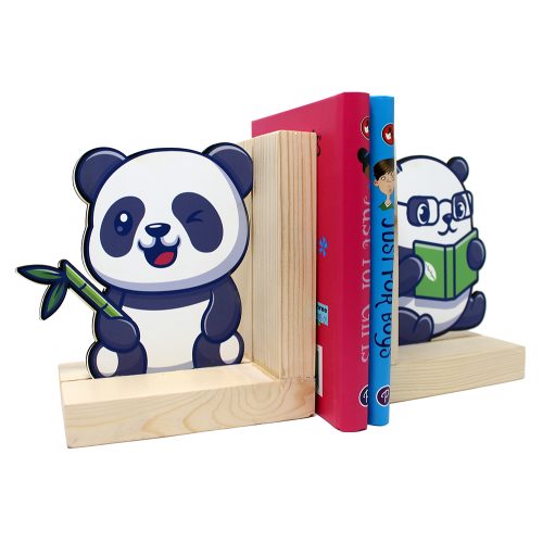 Wooden Bookend – Adjustable Book Stopper for Kids and Adults – Decorative and Functional Book Holder - Panda Design