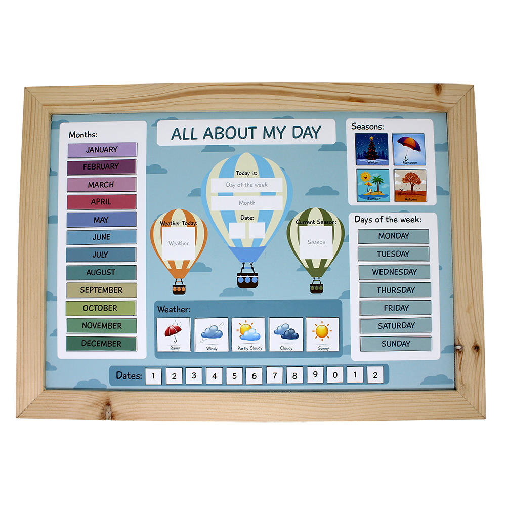 Educational Wooden Magnetic Daily Activity Board – Interactive Calendar with Month Date Day Weather and Season Indicators for Kids - Hot Air Balloons Design