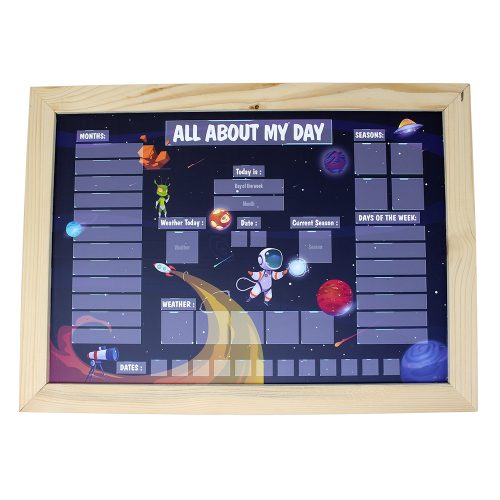 Educational Wooden Magnetic Daily Activity Board – Interactive Calendar with Month Date Day Weather and Season  Indicators for Kids - Space Design