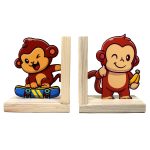 Wooden Bookend – Adjustable Book Stopper for Kids and Adults – Decorative and Functional Book Holder - Monkey Design