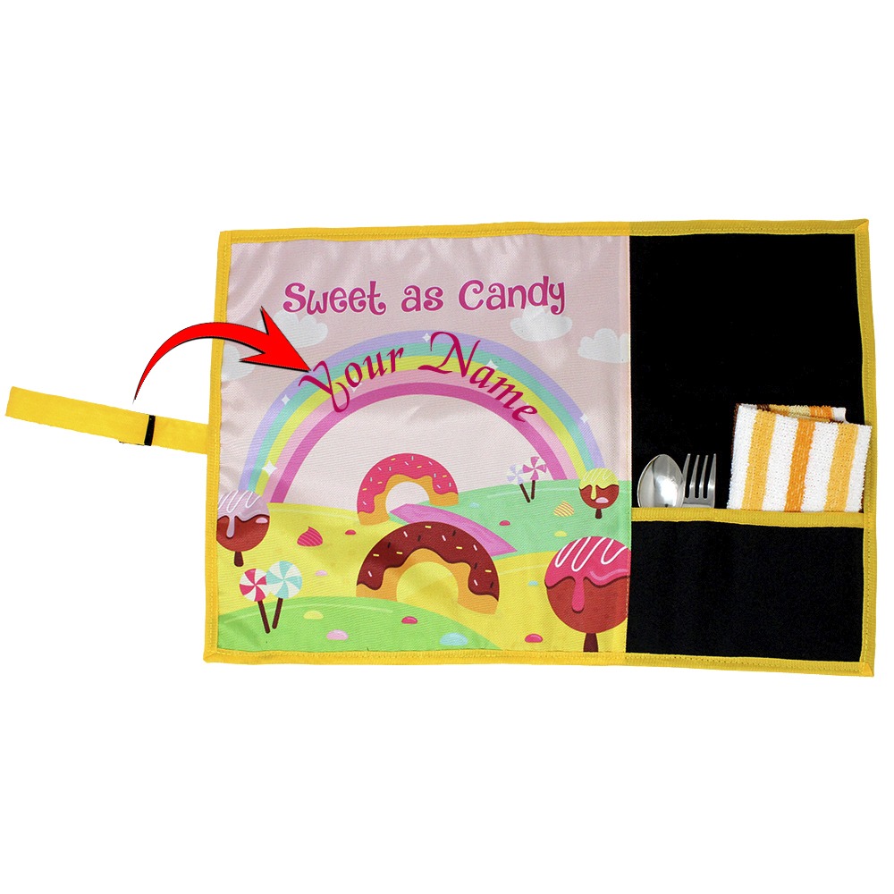 Roll-Up Table Mat Placemat for Kids Children with spoon fork and napkin - Sweet as Candy Design