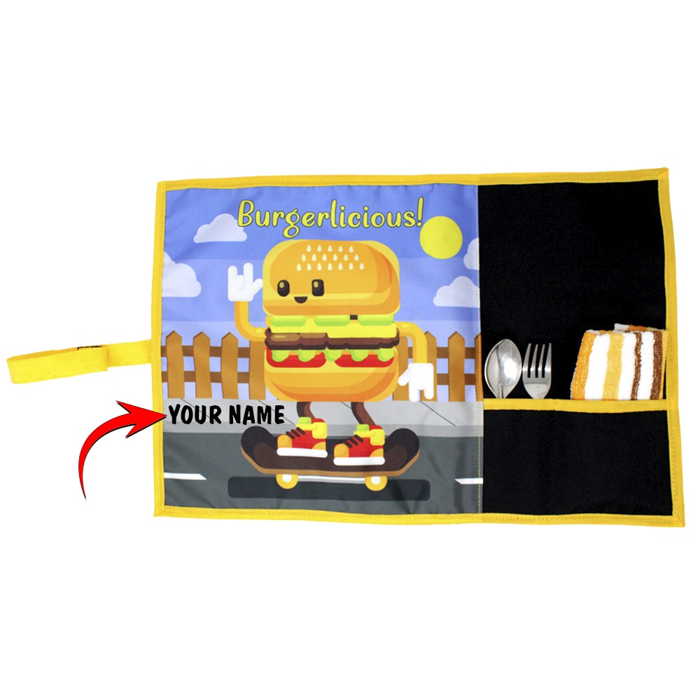 Roll-Up Table Mat Placemat for Kids Children with spoon fork and napkin - Burgerlicious Design