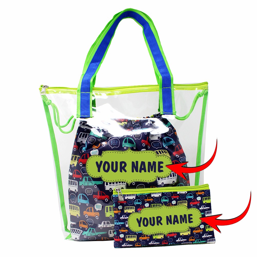 Swim Bag Set – Waterproof PVC Drawstring Bag with Wet & Dry Compartments and Pouch - Dark Blue Car Design