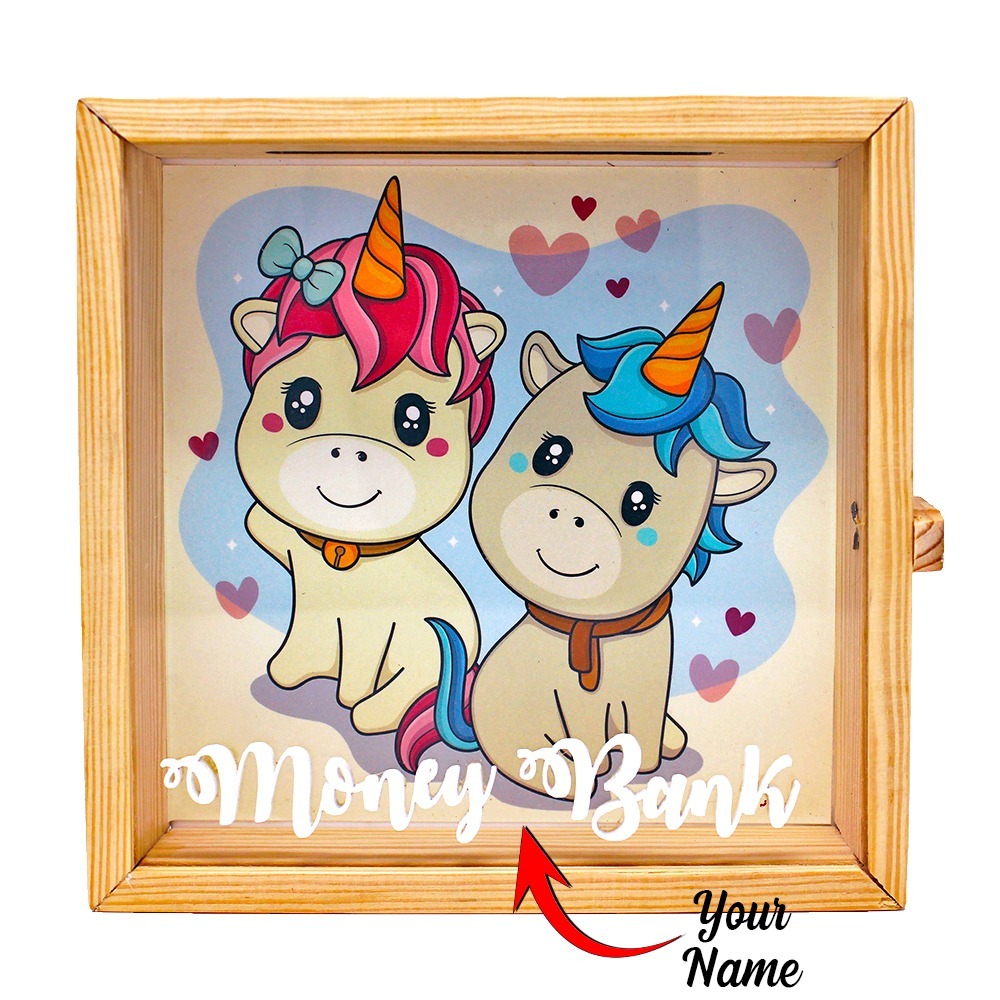 Square Wooden Transparent Piggy Bank for Kids – Children's Savings Bank - Unicorn Design