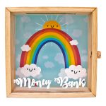 Square Wooden Transparent Piggy Bank for Kids – Children's Savings Bank - Rainbow Design