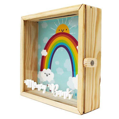 Square Wooden Transparent Piggy Bank for Kids – Children's Savings Bank - Rainbow Design