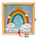Square Wooden Transparent Piggy Bank for Kids – Children's Savings Bank - Rainbow Design