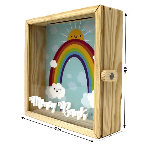 Square Wooden Transparent Piggy Bank for Kids – Children's Savings Bank - Rainbow Design