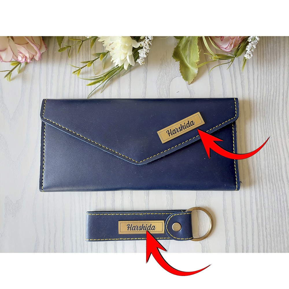 Vegan Leather Wallet & Keychain - Blue (Personalised)