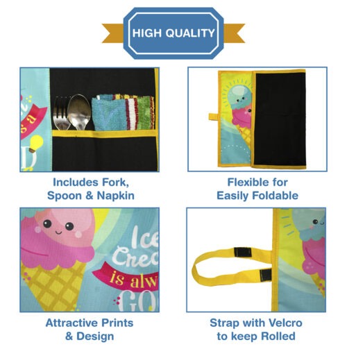 Roll-Up Table Mat Placemat for Kids Children with spoon fork and napkin - Icecream Design