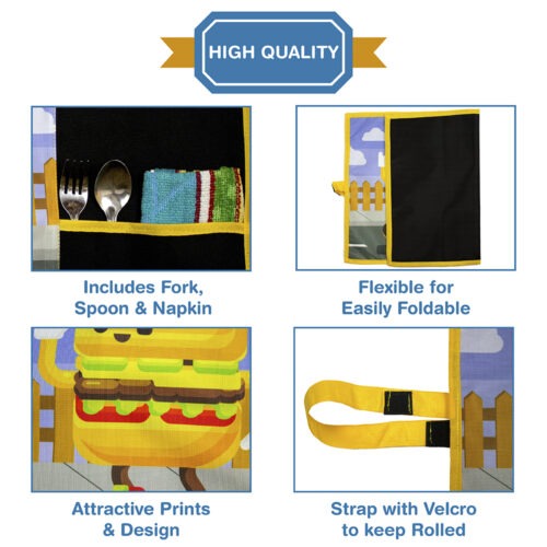 Roll-Up Table Mat Placemat for Kids Children with spoon fork and napkin - Burgerlicious Design
