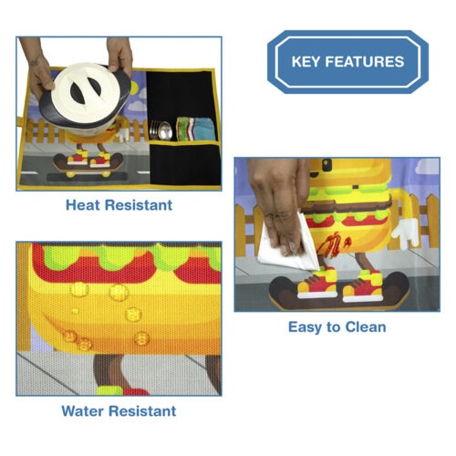 Roll-Up Table Mat Placemat for Kids Children with spoon fork and napkin - Burgerlicious Design