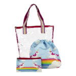 Swim Bag Set – Waterproof PVC Drawstring Bag with Wet & Dry Compartments and Pouch - Rainbow Unicorn Design