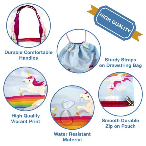 Swim Bag Set – Waterproof PVC Drawstring Bag with Wet & Dry Compartments and Pouch - Rainbow Unicorn Design