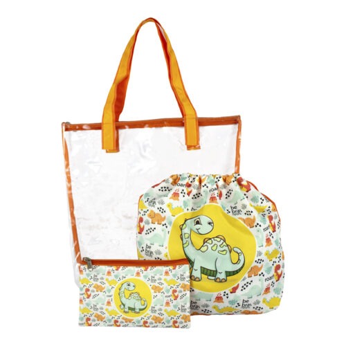 Swim Bag Set – Waterproof PVC Drawstring Bag with Wet & Dry Compartments and Pouch - Dinosaur Design