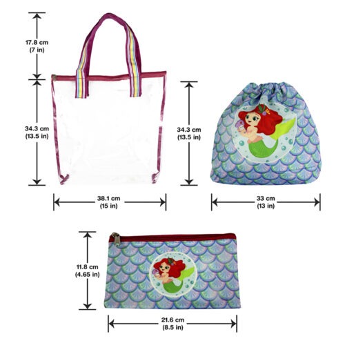 Swim Bag Set – Waterproof PVC Drawstring Bag with Wet & Dry Compartments and Pouch - Mermaid Design